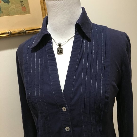 CLEANOUT SALE 90s Blue Tux Blouse - Picture 1 of 7